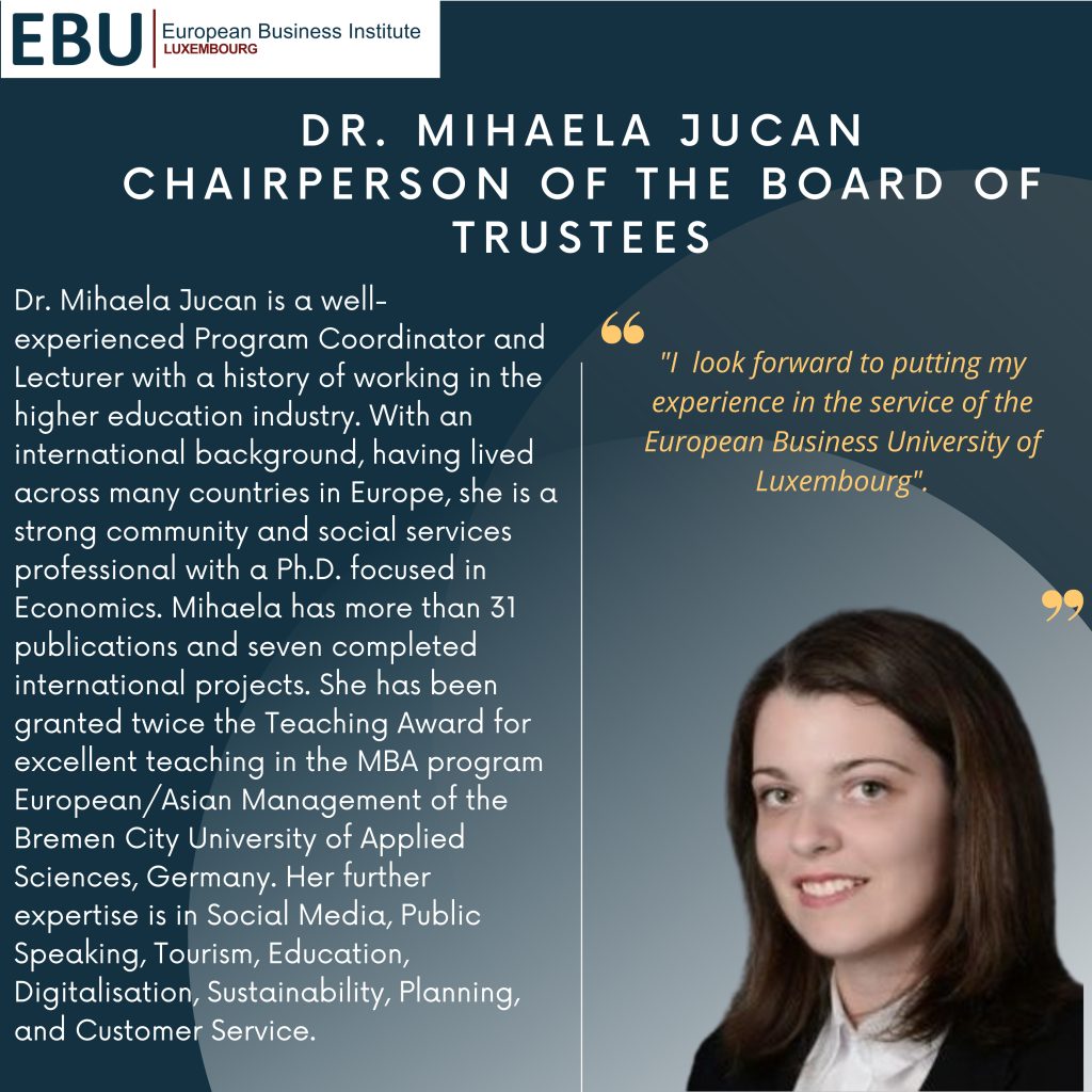 Poster with a picture and bio of EBU Board of trustee Mihaela Jucan