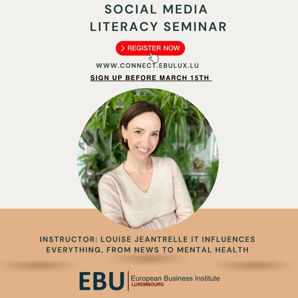 A promotional image for a Social Media Literacy Seminar led by Louise Jeantrelle, highlighting the topic's impact on various aspects of life.