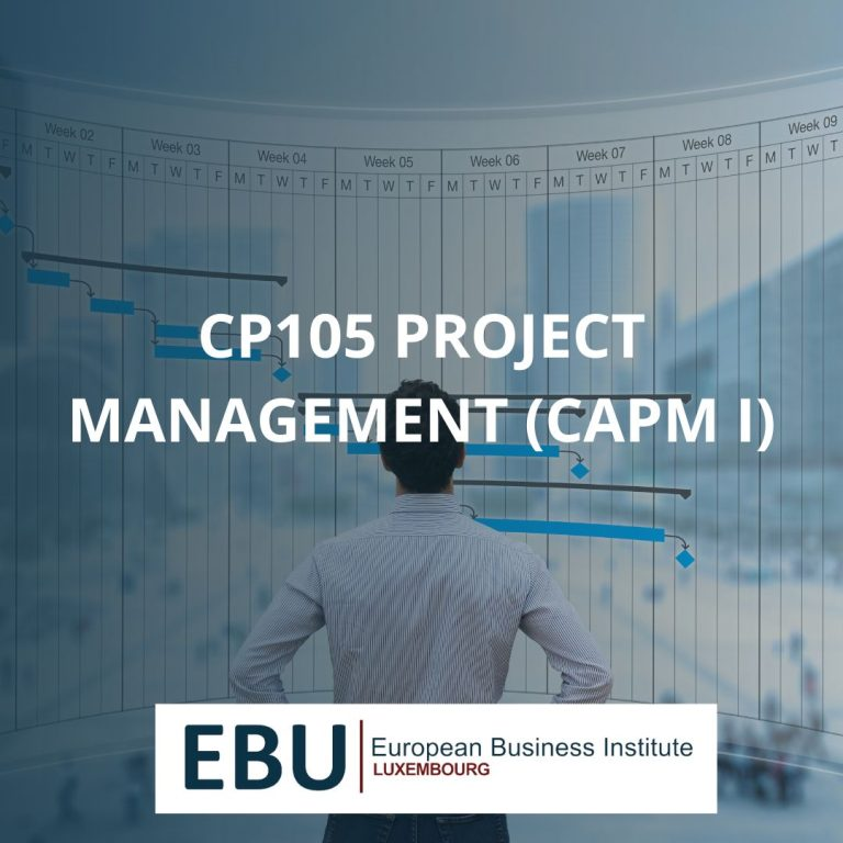 Course image for CP105 Project Management (CAPM I). Shows a man with his back to the viewer, facing a wall with project management timelines and charts.