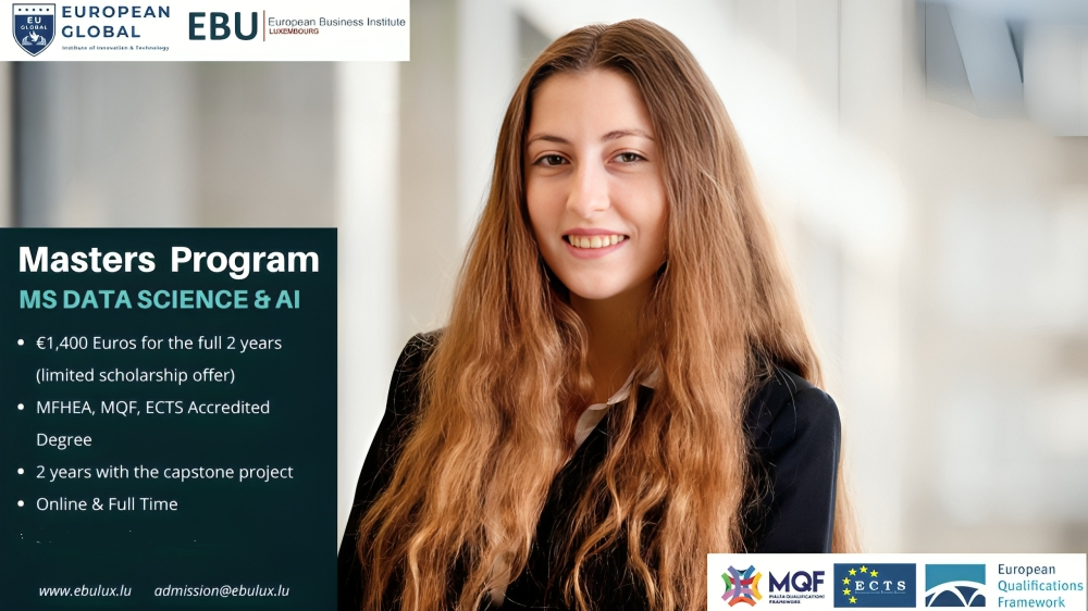 Poster promoting the MS in Data Science and AI scholarship program at EBU.