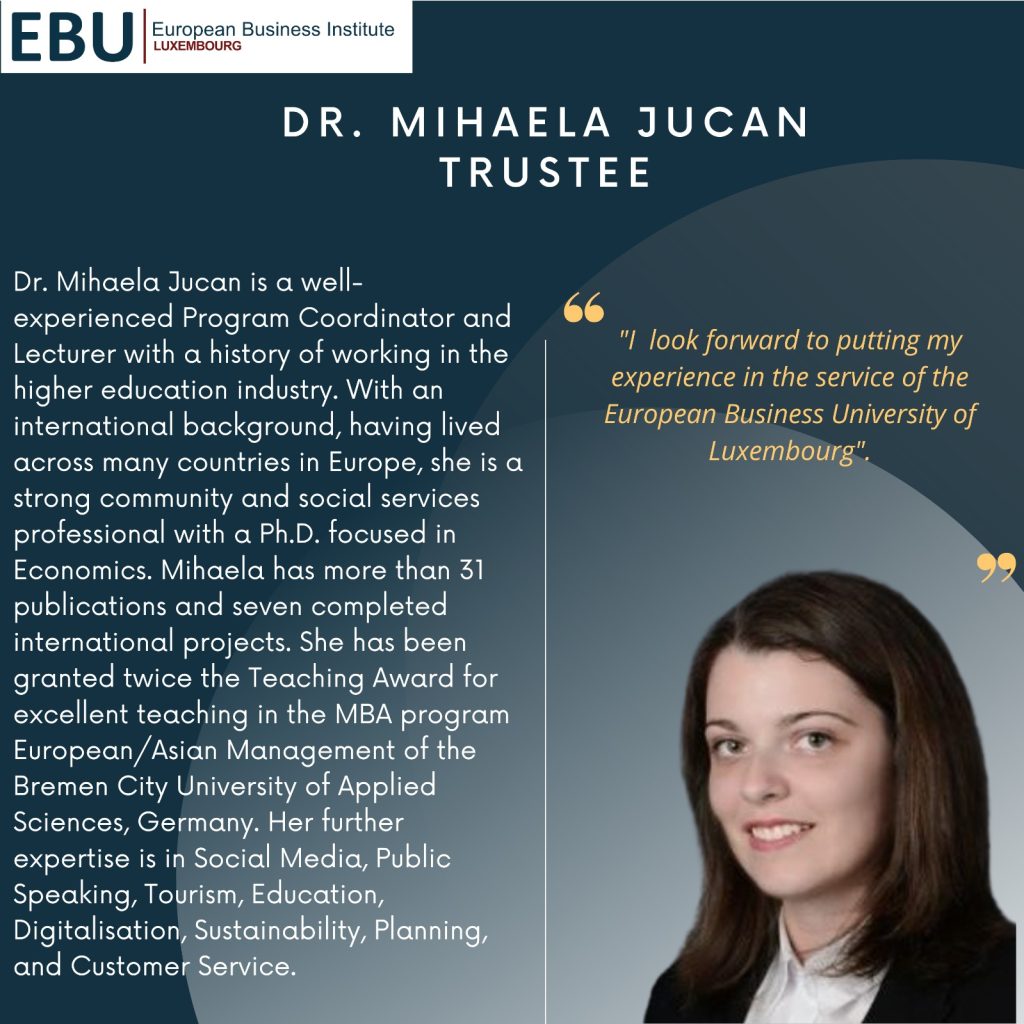 Poster with a picture and bio of EBU Board of Trustees Mihaela Jucan