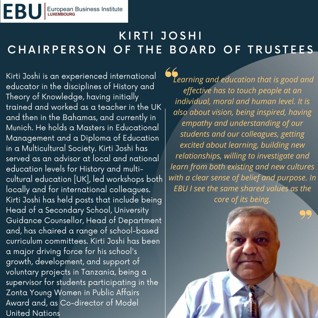 Poster with a picture and bio of EBU Board of Trustees Chairperson Kirti Joshi